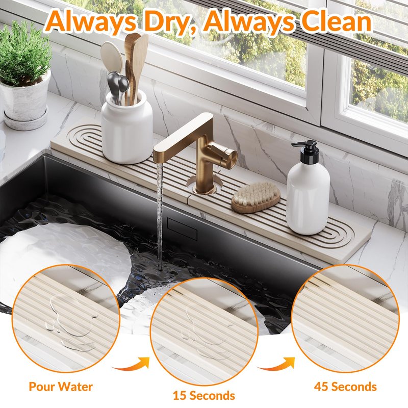 23.6 Inch Stone Faucet Mat for Kitchen Sink Splash Guard, Diatomite Sink Protectors for Kitchen Sinks Behind Faucet, Quick Dry Water Absorbing Stone Tray , Drip Catcher (White, 23.6" x 3.9")