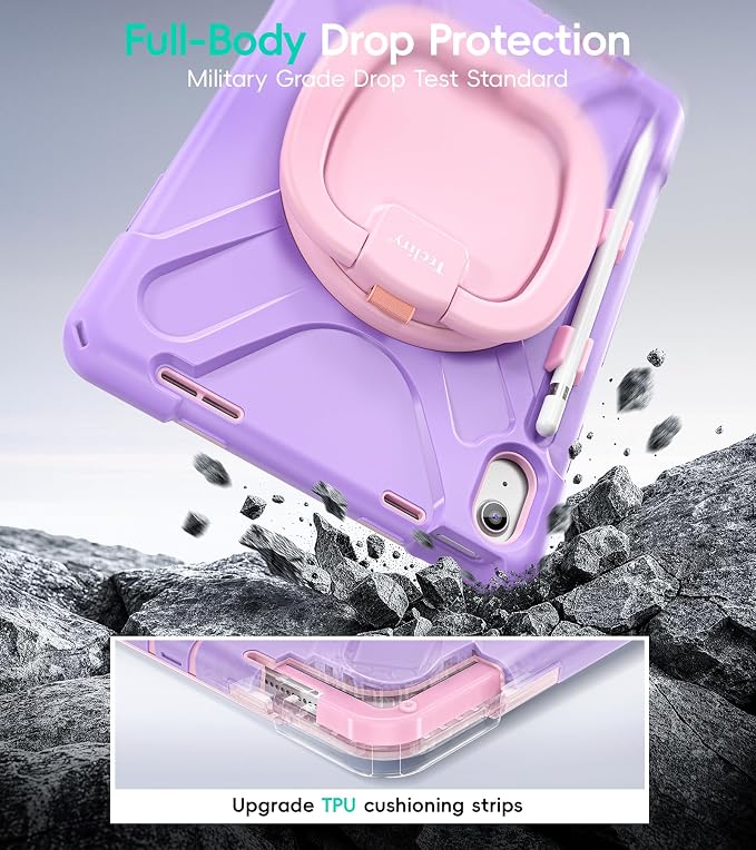 Case for iPad (A16) 11th/10th Generation - 2025/2022 (11″/10.9″) | 4 Layers Drop Protection iPad Case with Screen Protector 360° Rotating Stand Shoulder Strap Pencil Holder Black