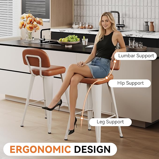 Aklaus PU Leather Metal Bar Stools 30 inch Faux Leather Bar Height Barstools Set of 2 Modern Farmhouse Bar Chairs with High Backs and Faux Leather Seat for Kitchen Island Dining Room White Brown
