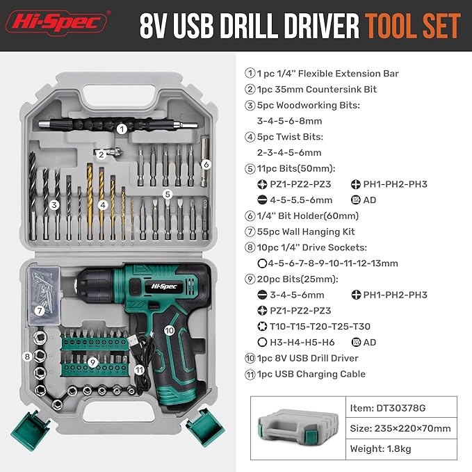 Hi-Spec 110pc Green 8V USB Electric Power Cordless Drill Driver Set. Drill Bits, Sockets and Screwdriver Bit Set Accessories In a Portable Toolbox Case