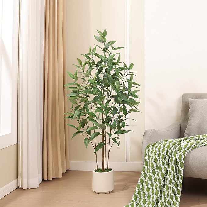 Artificial Eucalyptus Tree，4FT UV Resistant Fake Outdoor Plants,Artificial Plants Indoor with White Planter,Silk Leaves,Faux Tree for Home Decor Floor Porch Liveing Room