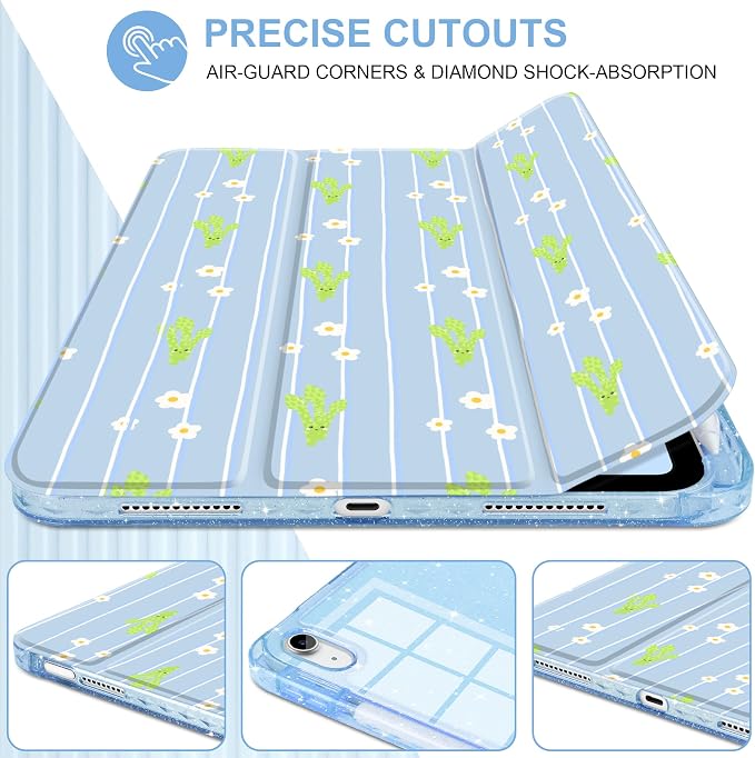 MEEgoodo Case for iPad A16 11th Generation 2025/10th Generation 2022 Glitter Tablet Cases with Transparent Acrylic Back+Trifold Stand +Pencil Holder+Auto Wake/SleepAbstract Sun &amp Palm Tree