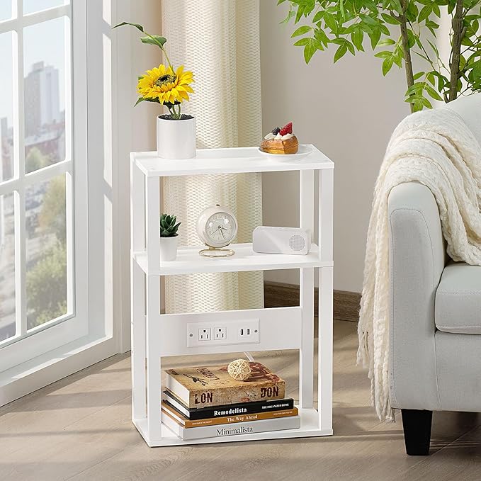 3-Tier Small Narrow Wood Side Table with Charging Station, Skinny Nightstand for Small Space, Slim Bedside Table with Storage for Couch, Thin End Table with USB Ports and Outlets, White