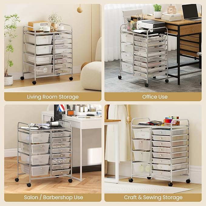 COSTWAY 12 Drawer Rolling Storage Cart, Mobile Utility Cart with Metal Frame, Art Supply Craft Organizer, Multipurpose Storage Organizer for Paper, Office, School Teacher, Classroom, Transparent