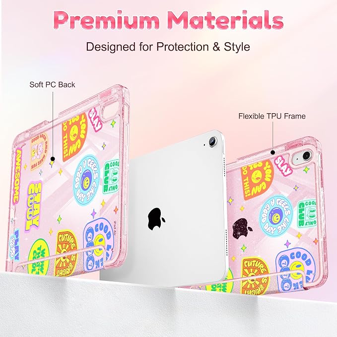 for iPad Air 11 inch M4/M3/M2 (2026/2025/2024) iPad Air 5th/4th Gen (2022/2020) 10.9 inch with Pencil Holder Glitter Clear Pretevtive Cover Auto Wake/Sleep Black Cartoon Stickers