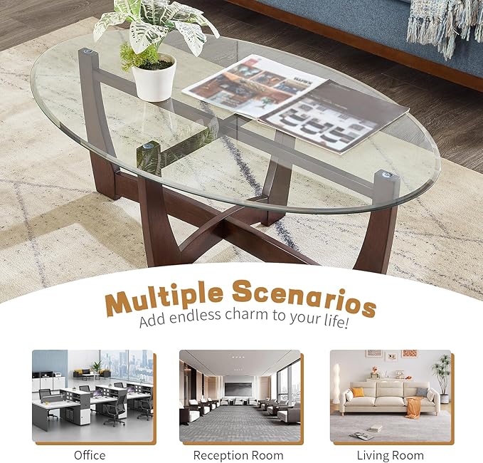 LKTART 48" Oval Glass Coffee Table with Tempered Glass Top Cross and Solid Wood Base Simple & Modern Center Table for Living Room Office Apartment Cherry