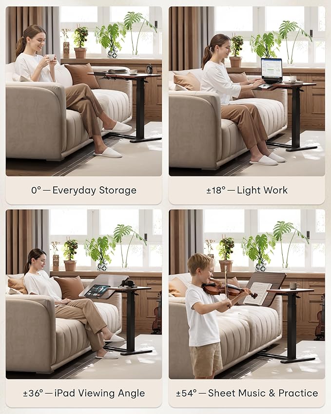 FLEXISPOT H7 Flex Adjustable Height C-Shaped End Table Split Tilting Top Mobile Side Table for Sofa & Bedside, Slides Under Furniture, Hidden Wheels for Small Spaces(31.6" W x 15.7" D,Dark Walnut)