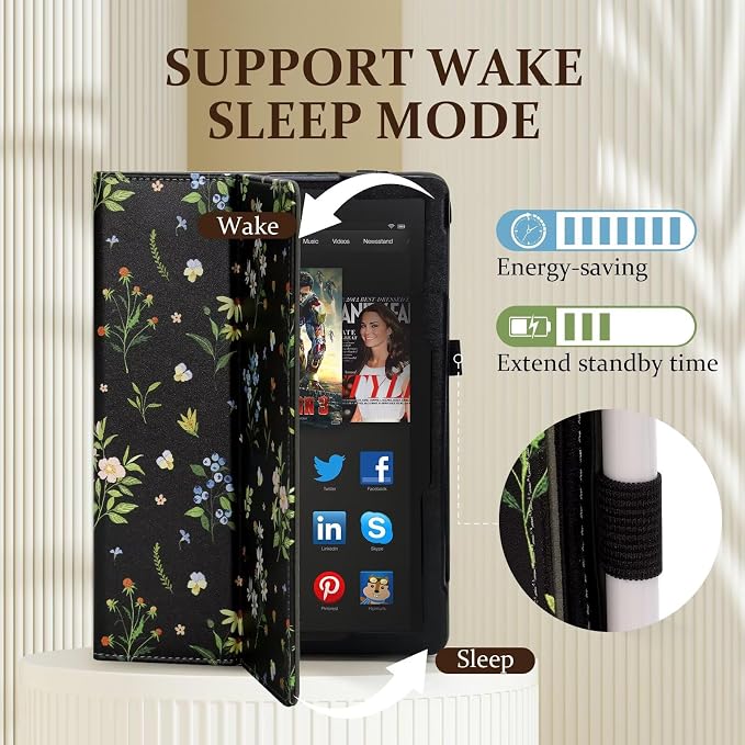 Fancity Case for Kindle Fire HD 10/10 Plus 13th/11th Generation 2023/2021 | Premium PU Leather Protective Case with Adjustable Angles Auto Wake/Sleep Hand Strap for Fire HD 10/10 Plus Black Floral