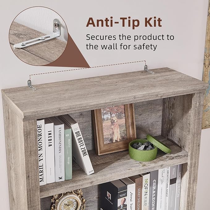 70" Grey Tall Bookshelf Set of 3,5-Tier Thick Wooden Book Shelf with Adjustable Shelves,Free Standing Farmhouse Bookcase with Open Display Storage,Floor Vintage Bookshelves for Living Room