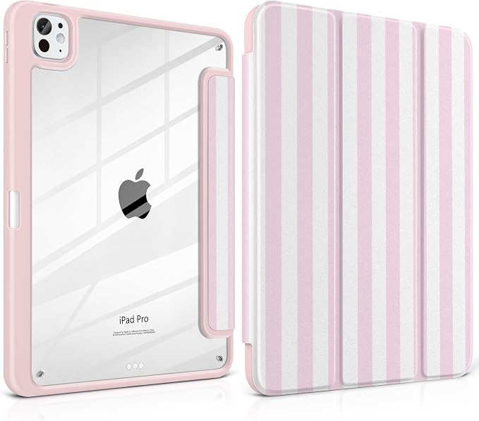 Case for iPad Pro 11 inch M5 2025 /M4 2024 Blue Ribbon Stripe | Blue Ribbon Stripe Folio Case with Clear Back Pencil Holder Trifold Stand and Auto Sleep/Wake for Preppy Aesthetic Users
