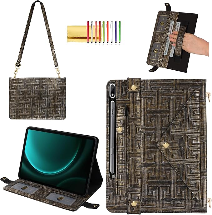 Handbag Case for Samsung Galaxy Tab S10 FE/S9 FE 10.9/S9/S8/S7 11 Techcircle Folio Stand Crossbody Wallet Protective Cover with S Pen Holder &amp Card Slots Hand Strap &amp Shoulder Strap Black