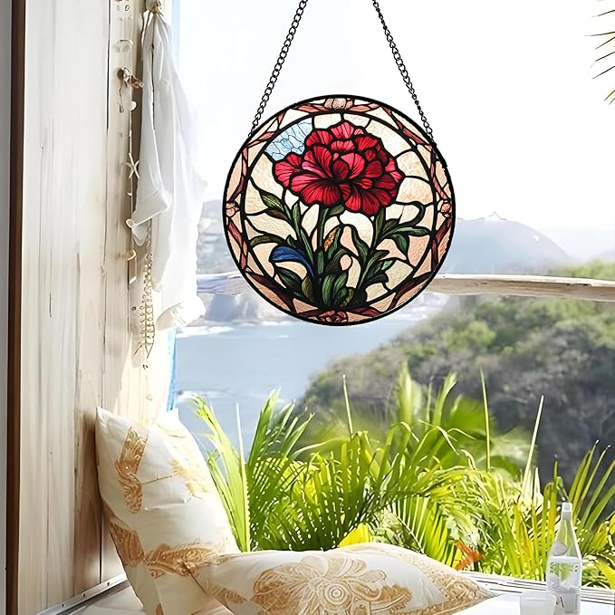 Stained Glass Window Hanging - Red Carnation Birth Flower Sun Catcher for Door Garden Home Decor Suncatcher Christmas Mother's Day Birthday Gifts for Women Men Mom Nana Friend Wife 9.8 in