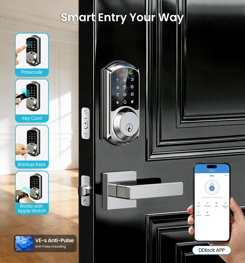 Veise VE06 Smart Deadbolt with App Control, Keyless Entry Smart Lock for Front Door, Electronic Digital Door Lock with Code, Easy Install, Satin Nickel