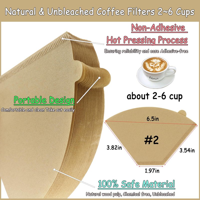200 Count Coffee Filter #2, 2-6 Cups Coffee Filters Unbleached Natural Disposable Cafe Filters 02 Cone Paper Fits for Ninja, Drip and Pour Over Coffee Maker