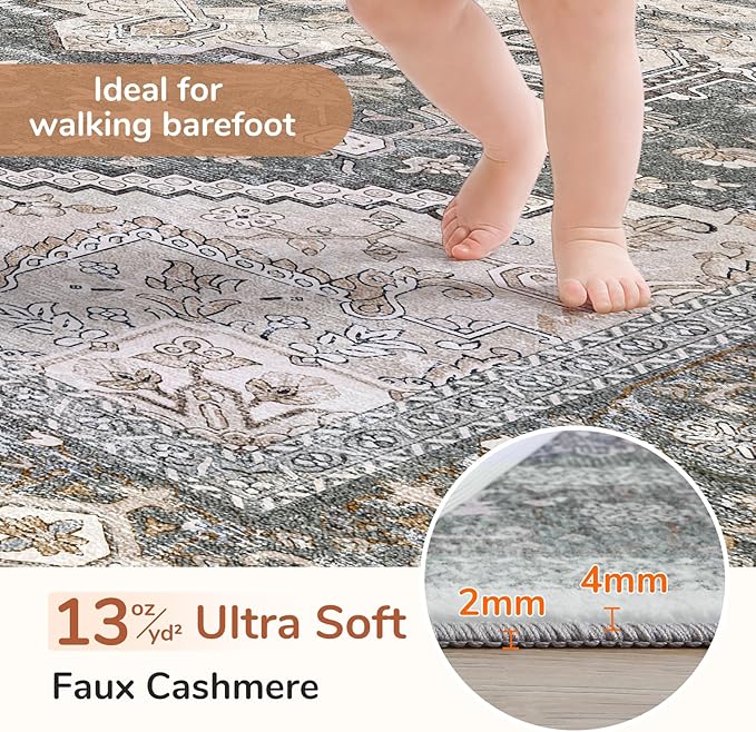 OPPODREAM Thin Area Rugs 4x6, Low-Pile Washable Rugs 4x6 with Non Slip Backing, Faux Cashmere 4 x 6 Throw Carpet, Greenish Grey