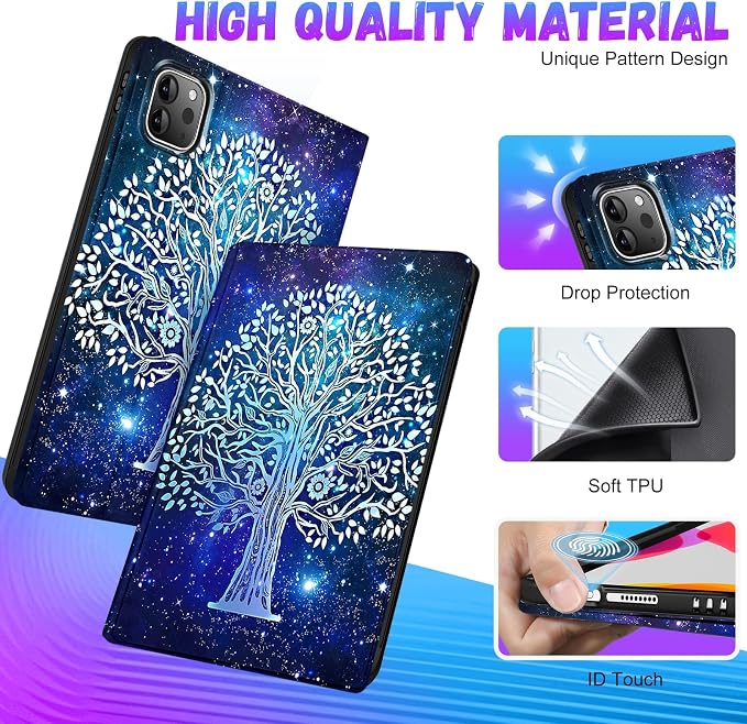 Uppuppy for iPad Pro 12.9 Case Kids Folio PU Leather Cover with Apple Pencil Holder Auto Sleep/Wake Adjustable Angles for iPad Pro 12.9 6th/5th/4th/3rd Gen Sun Moon Black