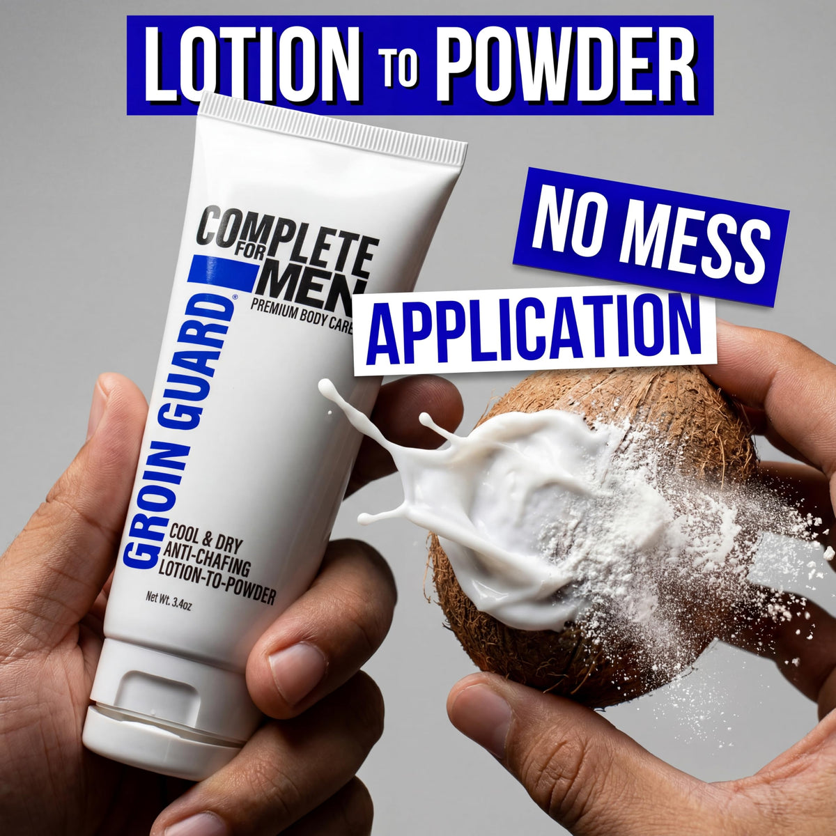 COMPLETE FOR MEN Groin Guard Anti-Chafing Cream Lotion to Powder, Stops Chafing, Sweat Defense, Odor Control, Fresh Scent, Ball & Thigh Protection