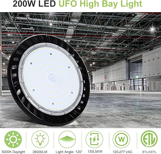 hykolity 6 Pack LED High Bay Light 200W, 5000K UFO LED High Bay Light Fixture with US Plug [600W MH/HPS Equiv.] 120-277V, 26,000lm,IP65 Commercial Warehouse Area Light for Wet Location
