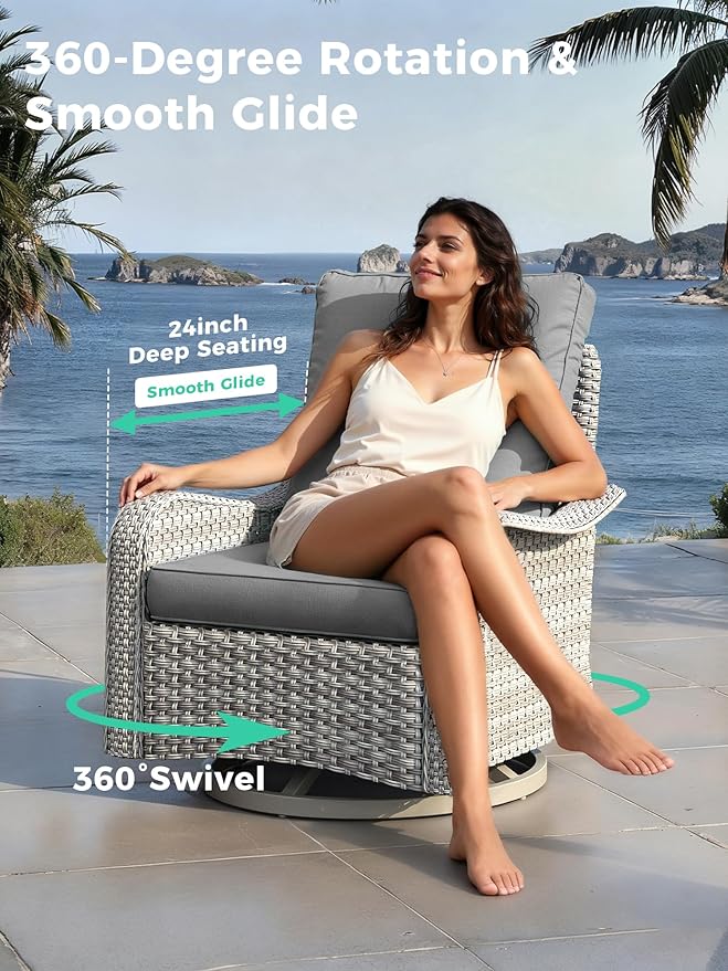 10 Piece Outdoor Wicker Rattan Sectional Sofa Set with Swivel Chairs & Fire Pit Table, 7-Seats with 4" Thickened Cushions & Coffee Table, All-Weather PE Rattan for Garden, Backyard, Porch, Grey