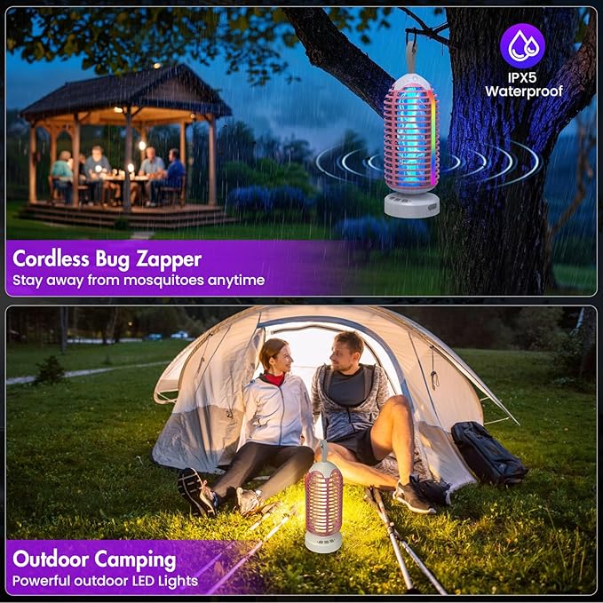 Bug Zapper Outdoor with Colorful Lighting and Auto-Sensing, 3 in 1 Cordless 4000mAh Battery Electric Fly Trap, Rechargeable Mosquito Zapper for Camping, Patios, Garden, Kitchen (1Pack-Pink)
