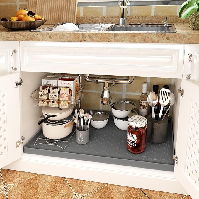 TigeJoy Under Sink Mats for Kitchen Waterproof, Leak-Proof Silicone Mat Sink Protector and Cabinet Liner, Kitchen Essentials Organizer and Storage 22" x 19" White