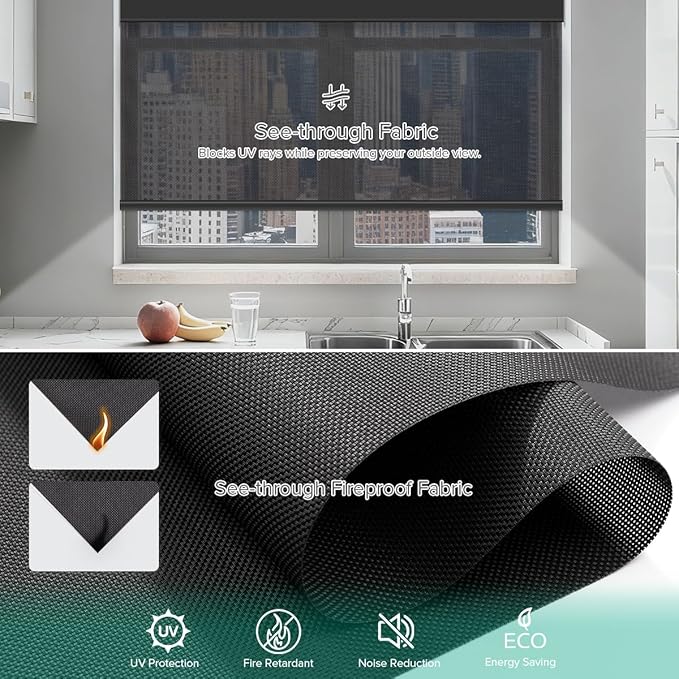 Kilonity Motorized Roller Shades, Light Filtering Remote Control Custom Window Shades Compatible with Alexa Google Assistant via RF Hub, Rechargeable Electric Blinds for Windows (Fireproof Black)