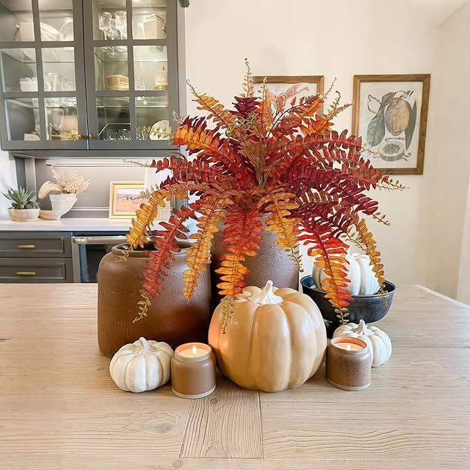 Fall Ferns Artificial Plants 2 Pack Faux Ferns for Outdoor Planter Fake Fall Leaves Stems Artificial Fern Bouquet 2Pack Autumn Shrubs for Table Centerpiece Porch Vase Home Garden Thanksgiving Decor
