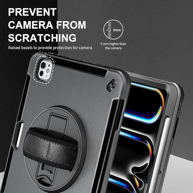Junfire Protective Case for iPad Pro 11-inch M5/M4-Black | Hand Strap 360°Rotating Kickstand Carrying Shoulder Belt， Pencil Holder Shockproof Rugged