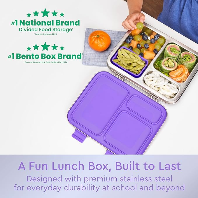 Bentgo Kids Stainless Steel Leak-Resistant Lunch Box - 3-Compartments with Bonus Silicone Container, Durable, Eco-Friendly, Dishwasher Safe, BPA-Free, Ideal for School, Ages 3+ (Purple)