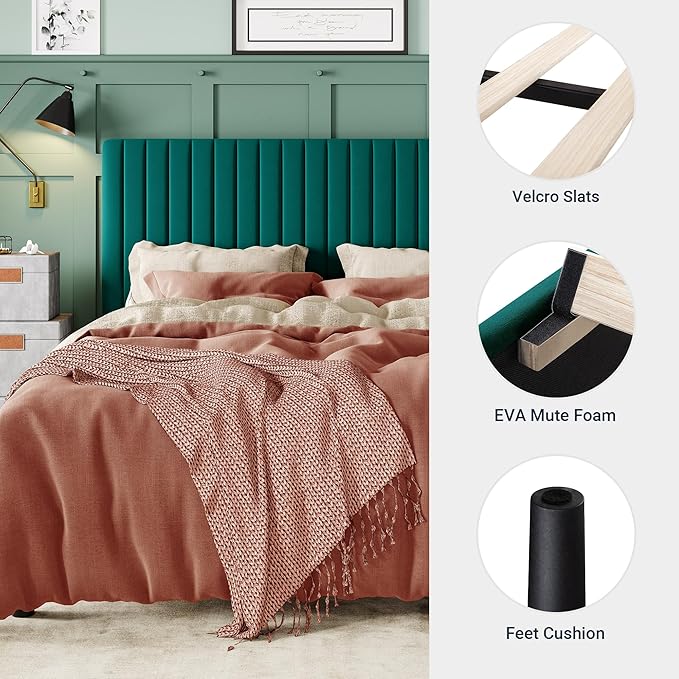 Allewie Full Bed Frame, Velvet Upholstered Platform Bed with Adjustable Vertical Channel Tufted Headboard, Mattress Foundation with Strong Wooden Slats, Box Spring Optional, Easy Assembly, Teal
