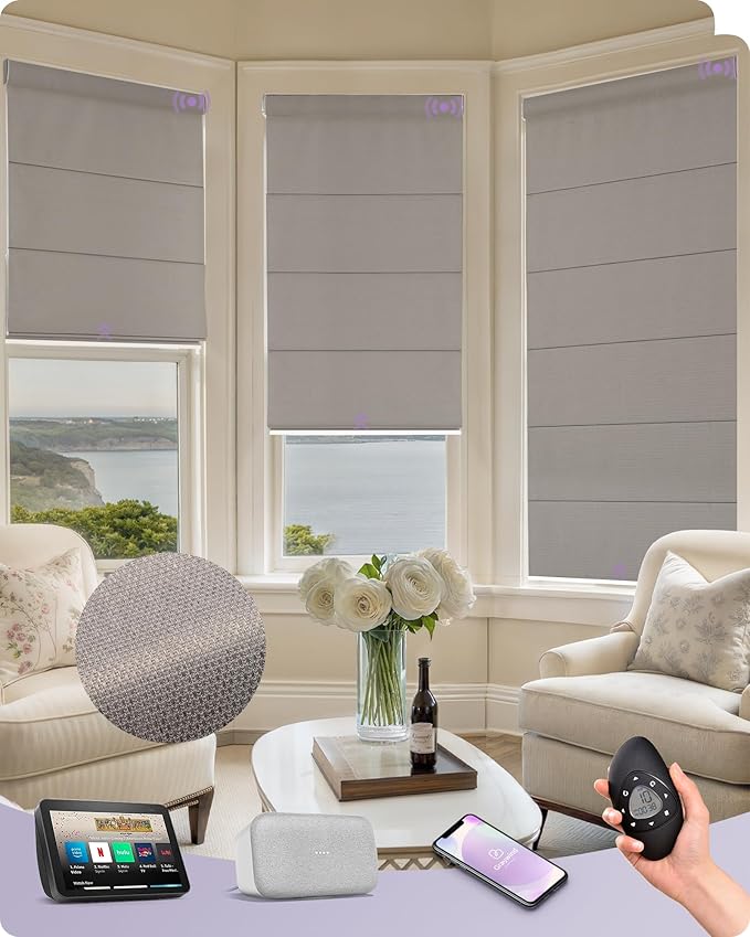 Graywind Smart Roman Shades Compatible with Alexa Google Rechargeable Motorized Blinds with Remote Blackout Roman Window Shades Plain Fold and Soft for Doors Bedroom, Custom Size (Textured Taupe)