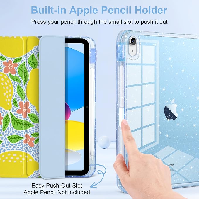 MEEgoodo Case for iPad A16 11th Generation 2025/10th Generation 2022 Glitter Tablet Cases with Transparent Acrylic Back+Trifold Stand +Pencil Holder+Auto Wake/SleepAbstract Sun &amp Palm Tree