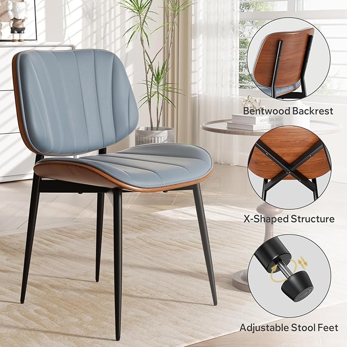 Dining Chair, Mid Century Modern Dining Room Chairs, Upholstered Faux Leather Kitchen Chairs with Walnut Bentwood Back and Metal Legs for Kitchen Dining Room Living Room, Blue