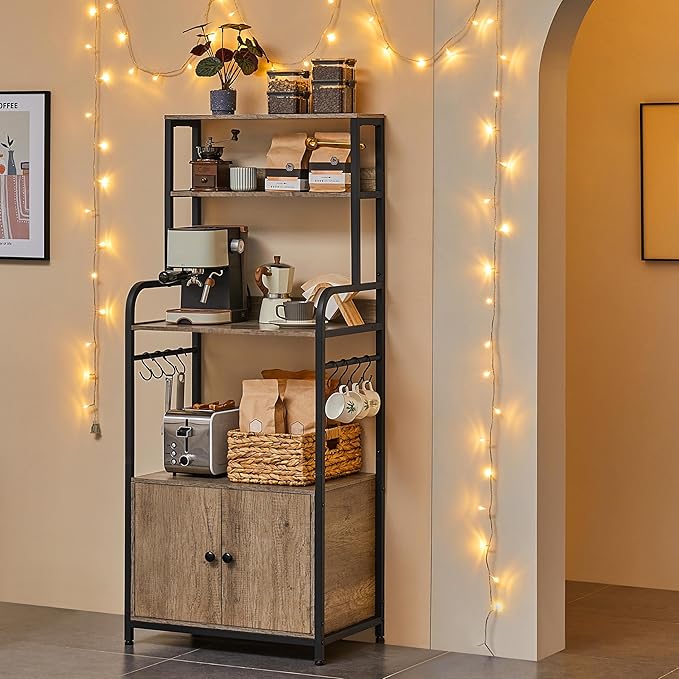 Yaheetech 4-Tier Kitchen Bakers Rack with Storage Cabinet and Hutch, Microwave Oven Stand Coffee Bar Pantry Cabinet with 8 S Hooks, Freestanding Kitchen Shelves Spice Rack, Gray