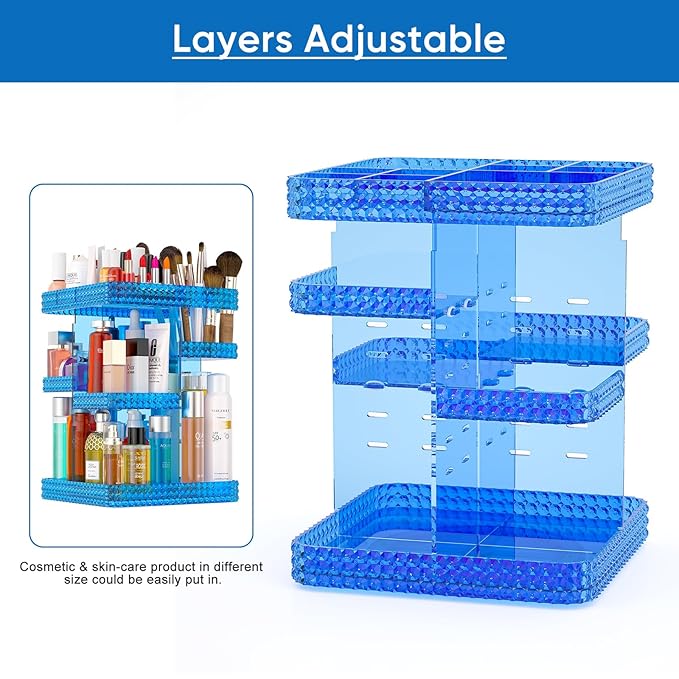 Makeup Organizer, 360 Degree Rotating Adjustable Cosmetic Storage Display Case with 6 Layers Large Capacity, Fits Cosmetics, Perfume, Skin Care, Makeup Brushes, Lipsticks (Blue)