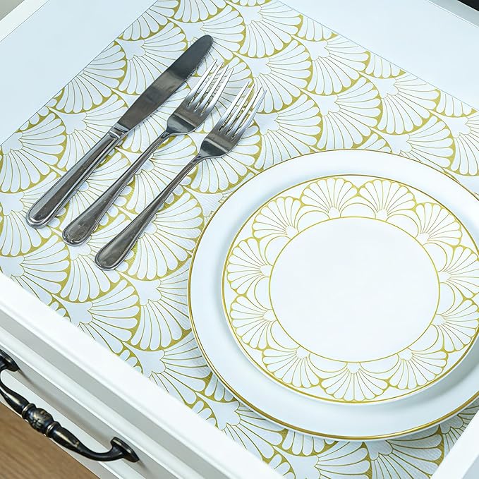 Shelf Liners Non Adhesive Gold Background White Fan-Shaped Pattern - Thickened Non-Slip Easy to Clean Drawer Liner for Kitchen Cabinets, Tool Box,Refrigerator,with Knife & Tape Measure,17in x 30FT.