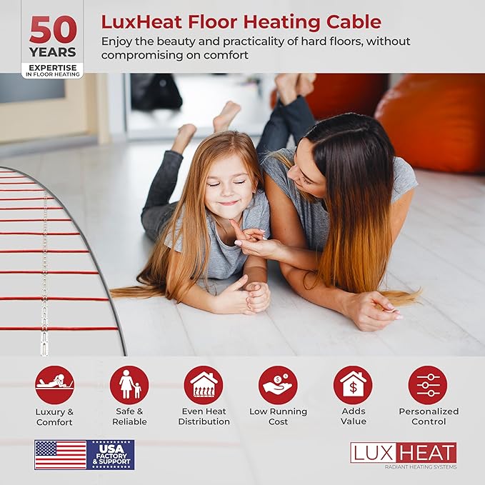15sqft Floor Heating Cable Kit - 120v Heated Floor System - Heated Flooring System for Tile - Includes UDG Programmable Thermostat w/GFCI, Heating Cable, Strapping, Flooring Sensor & Alarm