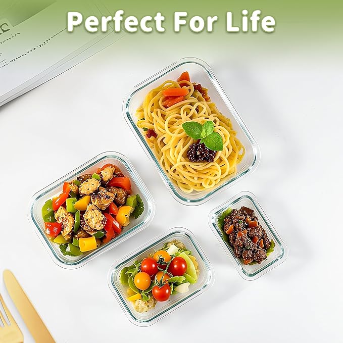 8 Pack Borosilicate Glass Food Storage Containers with Lids, Glass Meal Prep Containers, Airtight Bento Lunch Boxes with Snap Locks, Oven, Freezer and Dishwasher Safe, BPA Free, Kitchen Storage Set
