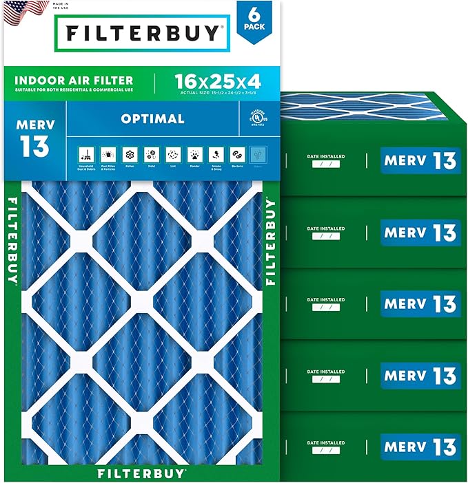 Filterbuy 16x25x4 Air Filter MERV 13 Optimal Smoke & Allergy Defense,