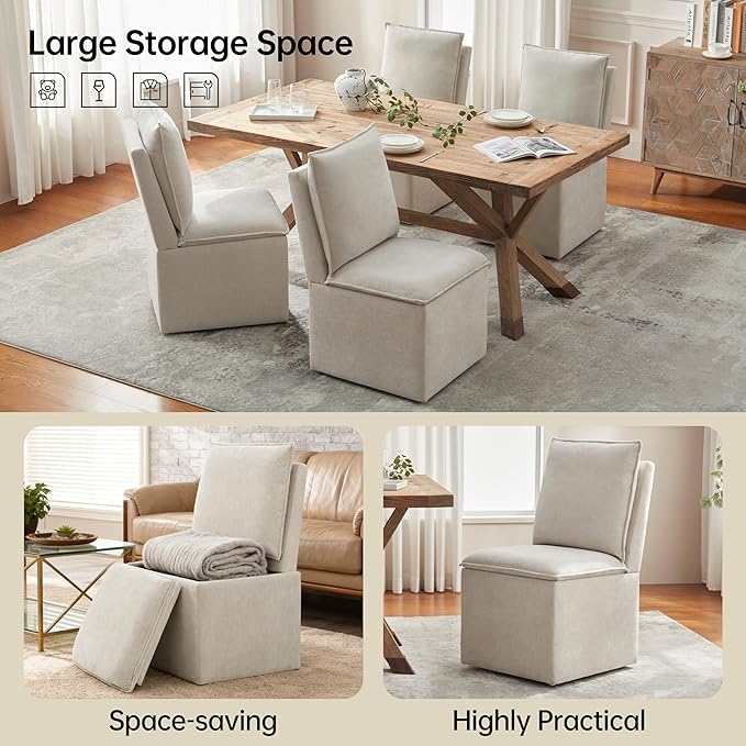VKNOW Upholstered Dining Chairs Set of 4, Modern Rolling Chairs with Wheels and Storage, Linen Armless Chair with Backrest and Cushion, Dining Room Chairs for Living Room Kitchen Bedroom, Light Grey