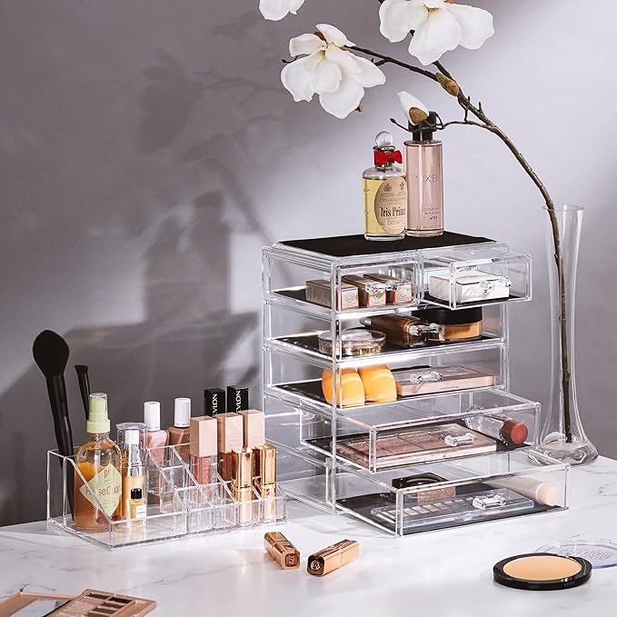 Sorbus Clear Cosmetic Makeup Organizer - Make Up & Jewelry Storage, Case & Display - Spacious Design - Great Holder for Dresser, Bathroom, Vanity & Countertop (4 Large, 2 Small Drawers)