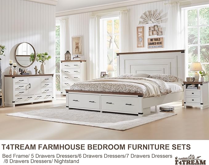 T4TREAM Farmhouse Queen Size Bed Frame with 54" Tall Geometric Headboard & 2 Large Storage Drawers, Rustic Wood Platform Bed with Wood Slats Support, No Box Spring Needed, Antique White