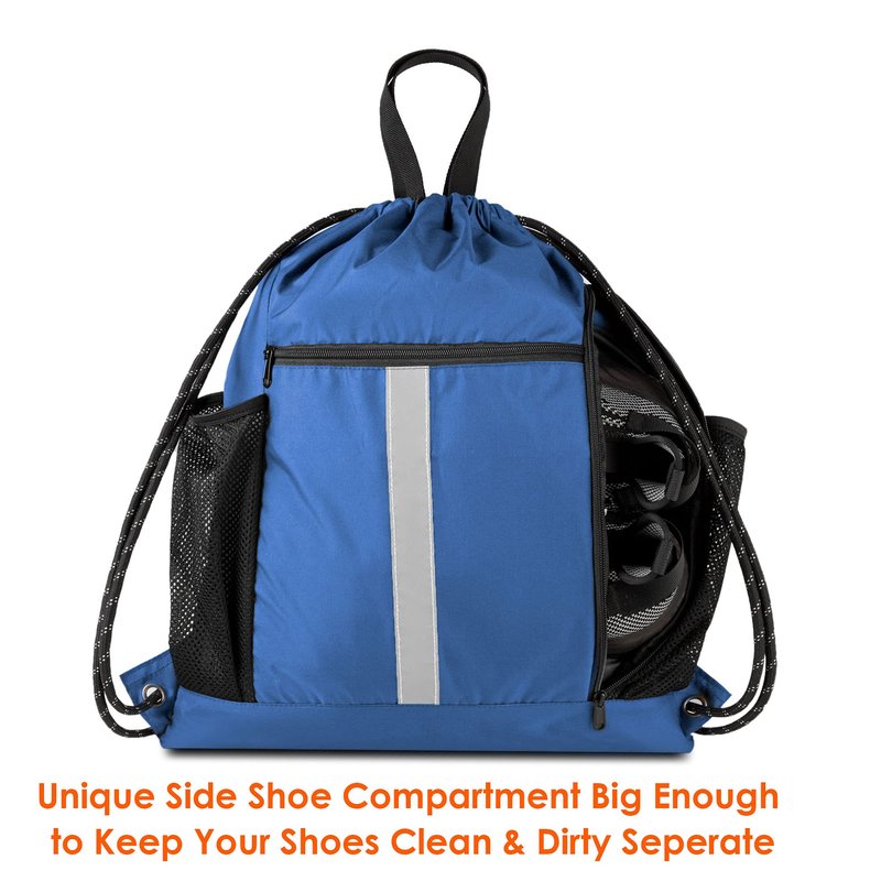 BeeGreen Royal Blue String Backpack Bag Cinch Sack with Shoe Compartment and Two Side Mesh Pockets Lightweight Sturdy Drawstring Gym Sackpack 1 Pack for Unisex