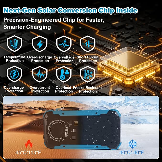 Solar Charger Power Bank 20000mAh Wireless Fast Charging Battery Pack with 3 Built-in Cables &amp USB-C Input Dual LED Flashlights Portable Phone Charger for Camping Travel &amp Emergency Use (B