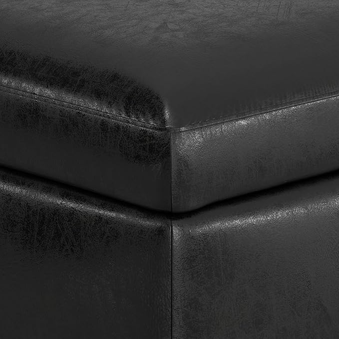 SIMPLIHOME Owen Small Rectangular Storage Ottoman - 36 inch Wide Upholstered Vegan Leather Lift-Top Ottoman in Distressed Black, Mid-Century Modern Ottoman for Living Room with Tufted Detail