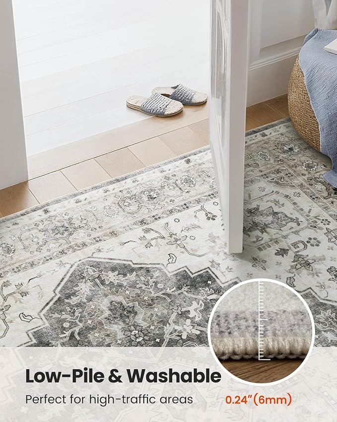 AMADA HOMEFURNISHING Grey 8x10 Area Rug, Washable Low-Profile Large Area Rug with Non-Slip Backing & Durable Edge Binding, Vintage Large Rugs for Living Room, Bedroom