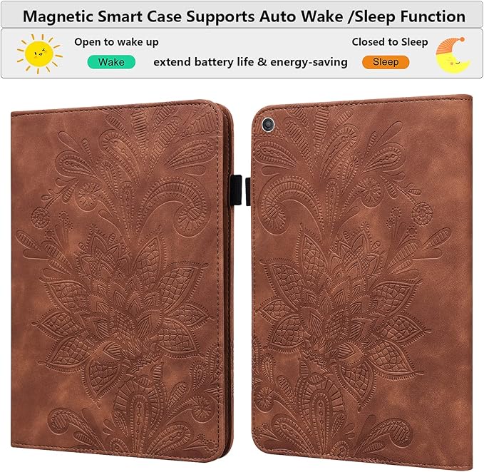 for Kindle Fire HD 8 Case 8th/7th/6th Generation (2016/2017/2018) with Stand/Pencil Holder/Pockets [Auto Wake/Sleep] Magnetic Smart Embossed Floral PU Leather Shockproof Cover Brown Flower