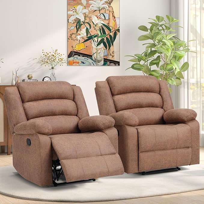 ANJ Manual Recliner Chair Set of 2, Breathable Faux Leather Reclining Chairs with Overstuffed Arm and Back, Living Room Single Sofa Recliners