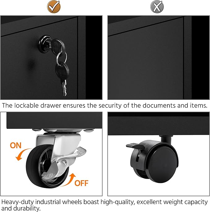 Yaheetech File Cabinet, Under Desk Vertical Cabinet with 2 Drawers and Open Compartment, Printer Stand with Lockable Wheels for A4 Letter Size Hangable File Folders for Home Office(Black)
