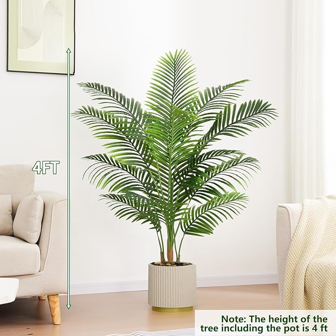 Artificial Palm Tree Indoor Plant 4FT Tall Fake Tropical Palm Tree in Pot, Real Bark Design Faux Areca Palm Tree for Home Office Living Room Bedroom Farmhouse Modern Outdoor Topiary Tree (13 Trunks)